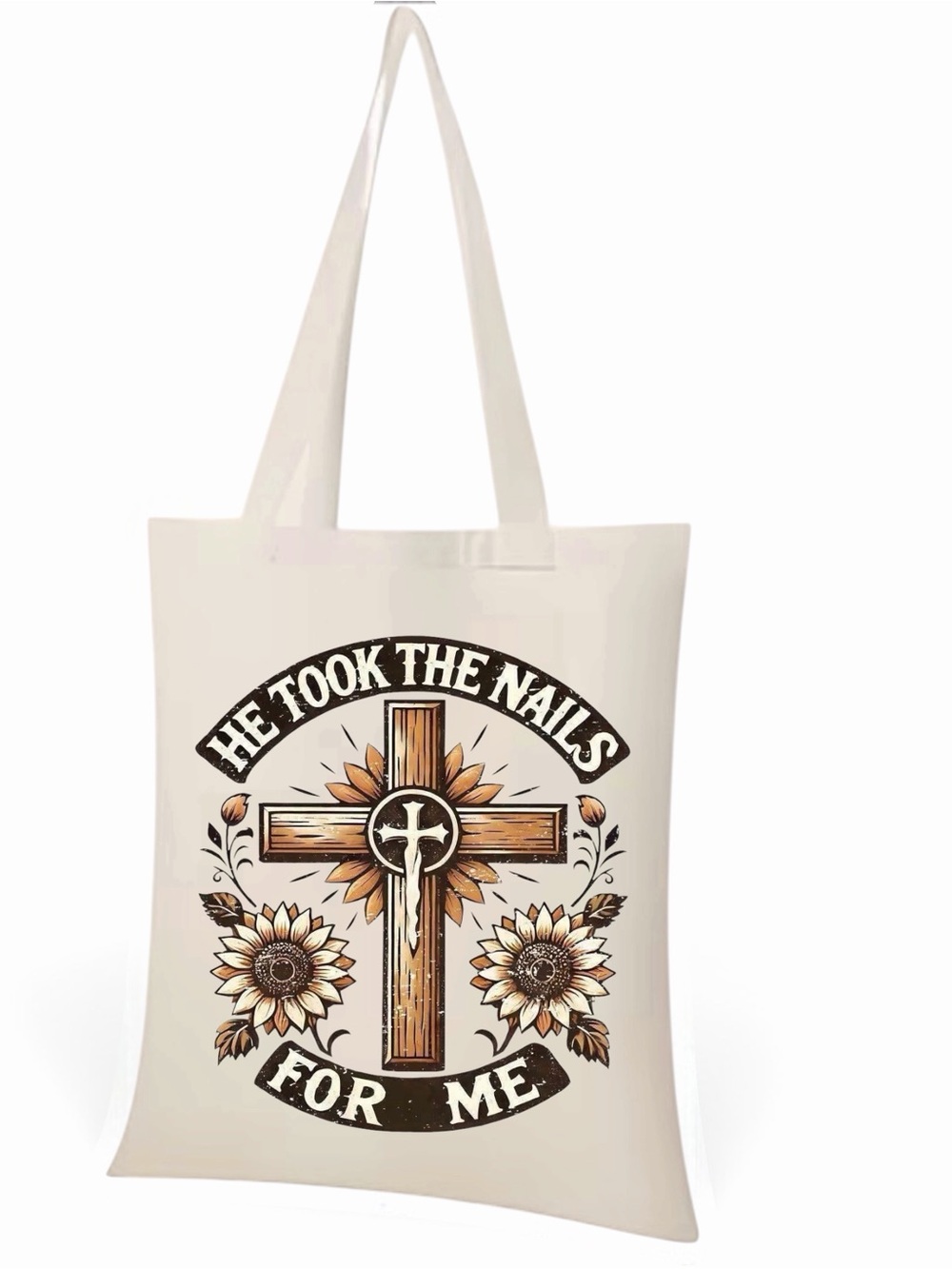 Faith-Inspired Canvas Tote Bag with Cross & Sunflower Design - Cream